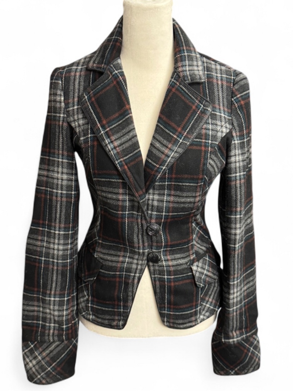 Vintage 2000s Zara Plaid Wool Blend Fitted Blazer Y2K Dark Academia